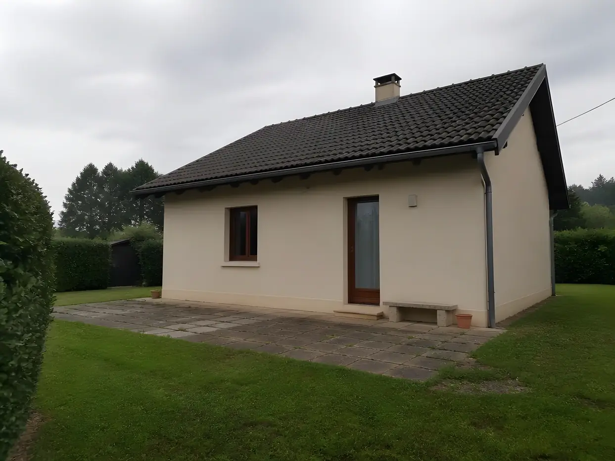 Petite maison de plain-pied, vieille terrasse en dalles disjointes