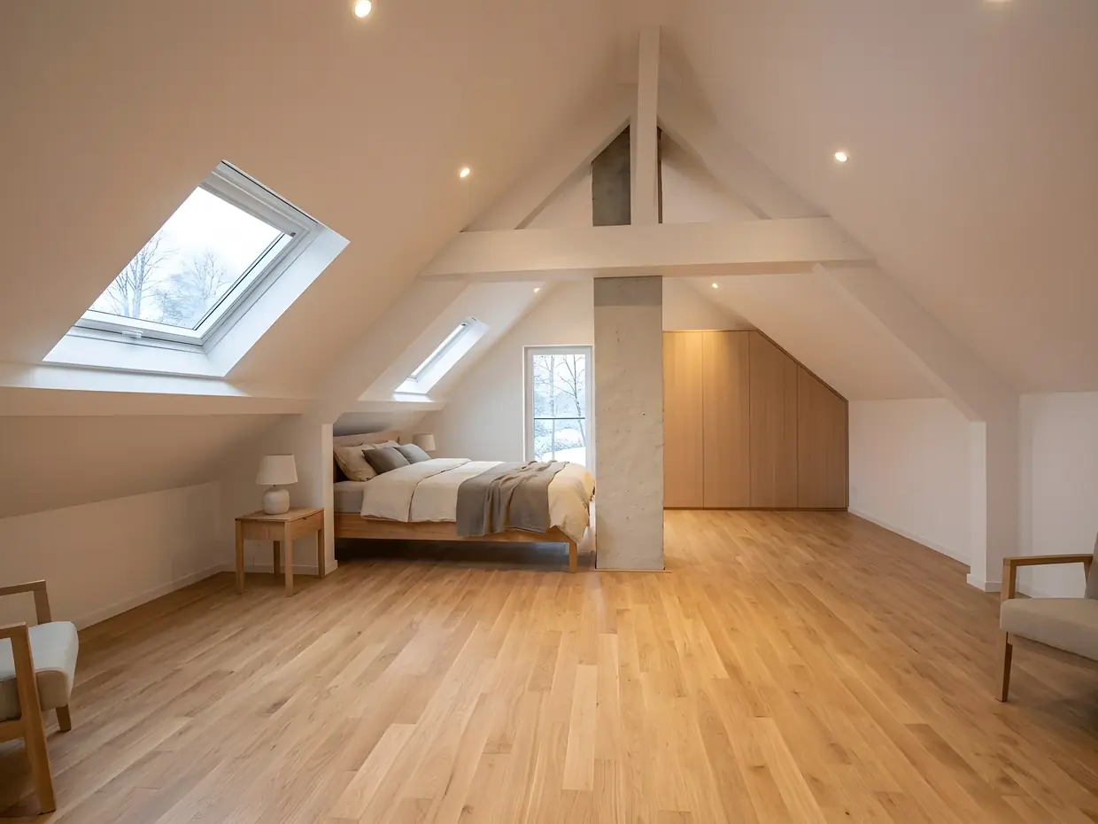 Le même comble devenu une chambre, rampants en plaques de plâtre peints en blanc